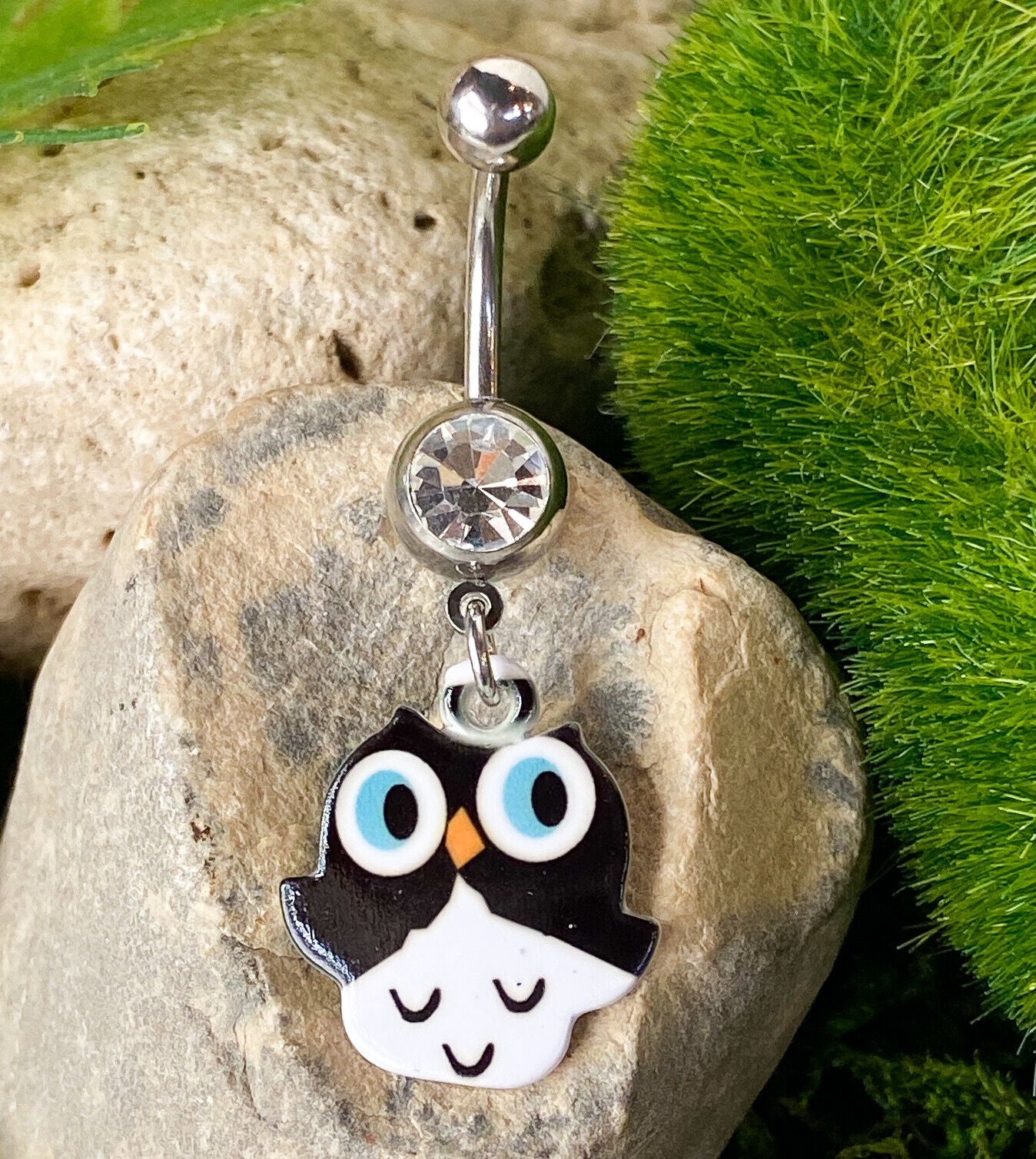 Black White Owl Clear Gem Belly Ring Navel Piercing Pierced Naval