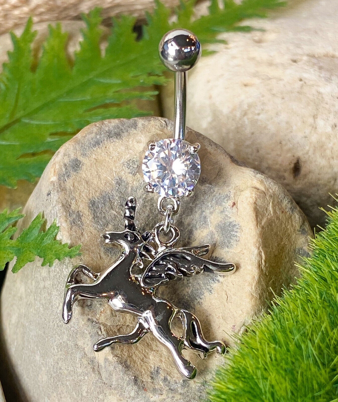Unicorn Dangle CZ Gem Belly Ring Pierced Navel Piercing Naval Fantasy WIng Horse