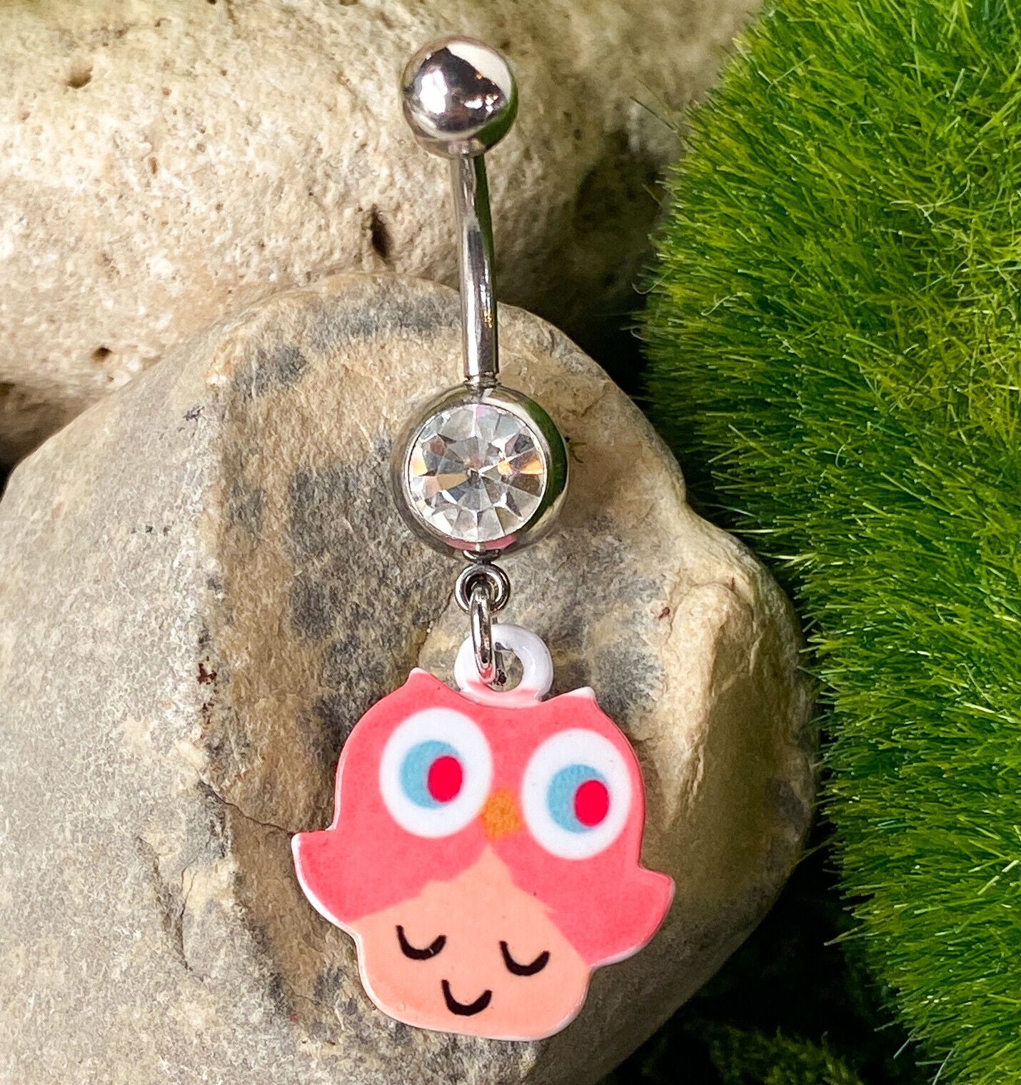 Pink Owl Dangle Clear Gem Belly Ring Navel Piercing Pierced Naval