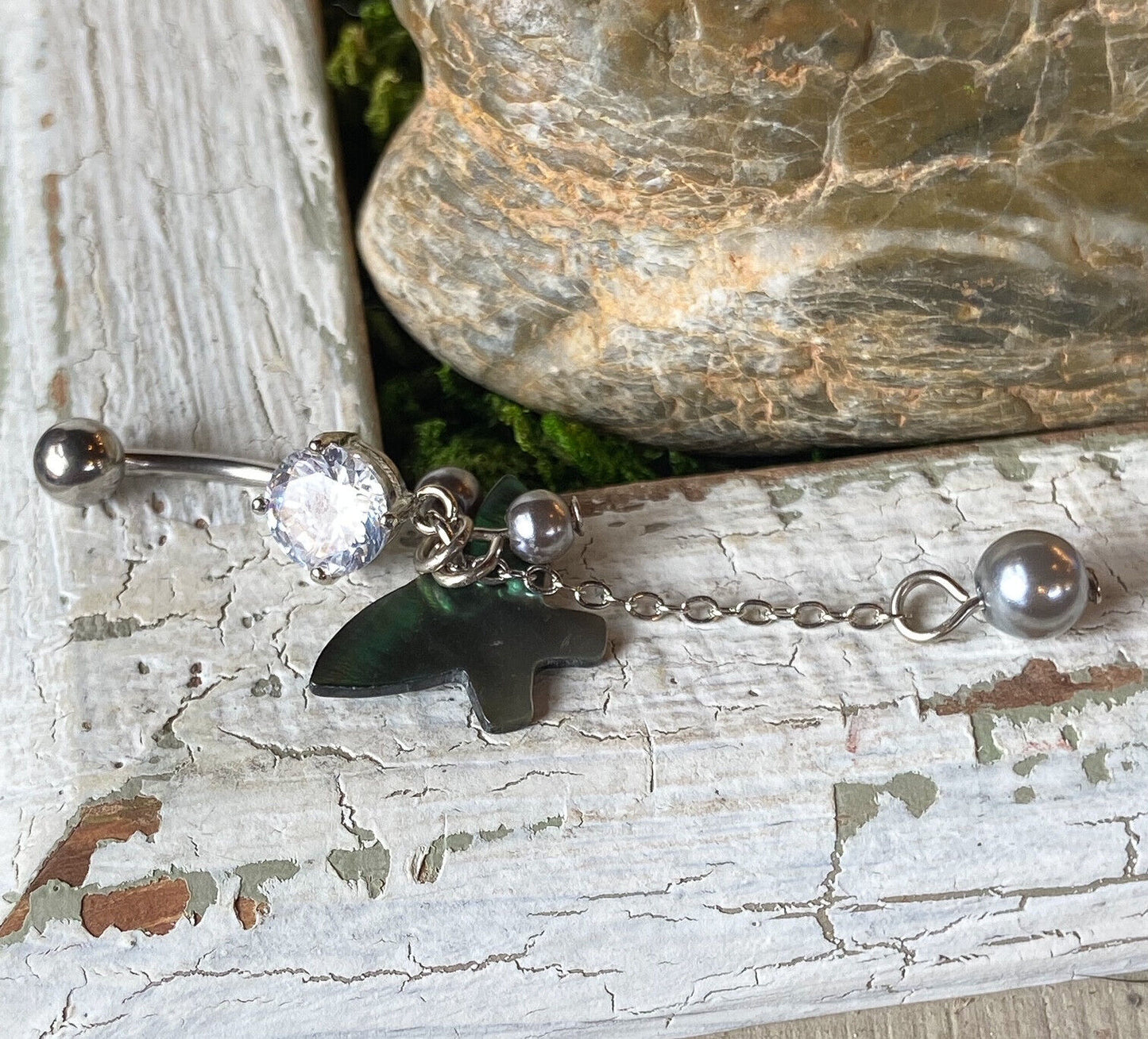 Mother of Pearl Butterfly & Beads Belly Ring CZ Gem Pierced Navel Piercing Naval