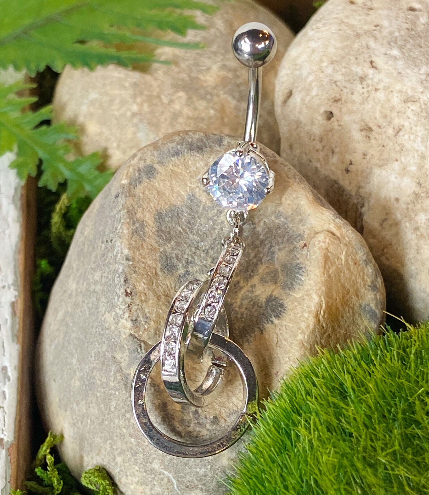 Circle Dangle Clear CZ Gem Belly Ring Navel Piercing Pierced Naval