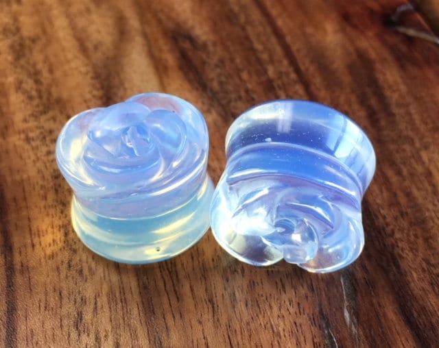 PAIR of Beautifully Carved Rose Flower Opalite Opalescent Stone Double Flare Plugs - Gauges 2g thru 5/8"