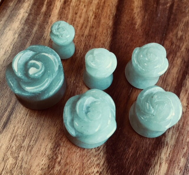 PAIR of Carved Green Aventurine Stone Rose Flower Double Flare Plugs 2g-5/8"