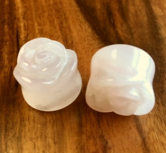 PAIR of Beautifully Carved Organic Rose Quartz Stone Flower Double Flare Plugs - Gauges 2g thru 5/8"