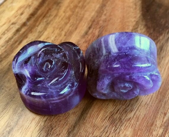 PAIR of Carved Organic Amethyst Stone Flower Double Flare Plugs - Gauges 2g thru 13/16"!