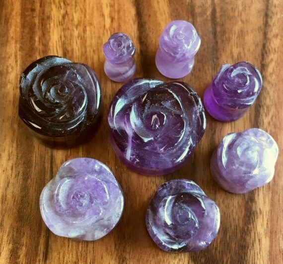 PAIR of Carved Organic Amethyst Stone Flower Double Flare Plugs - Gauges 2g thru 13/16"!