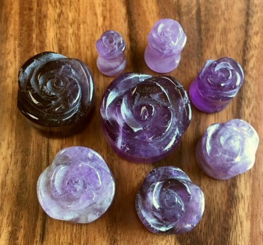 PAIR of Carved Organic Amethyst Stone Flower Double Flare Plugs - Gauges 2g thru 13/16"!