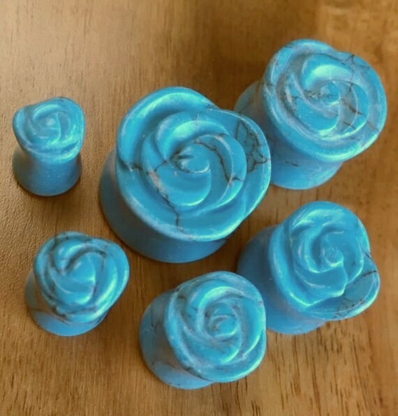 PAIR of Beautifully Carved Rose Flower Organic Blue Turquoise Stone Double Flare Plugs - Gauges 2g (6mm) thru 5/8" (16mm)!