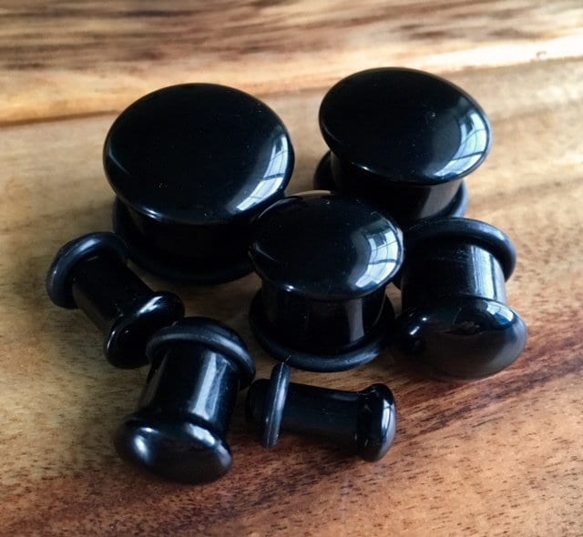 PAIR of Single Flare Organic Black Onyx Stone Plugs with O-Rings - Gauges 4g thru 5/8" (16mm) Earlets