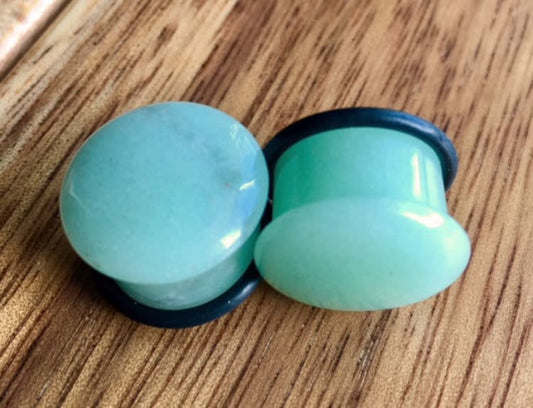 PAIR of Single Flare Organic Green Aventurine Stone Plugs with O-Rings - Gauges 4g thru 5/8" (16mm) Body Jewelry