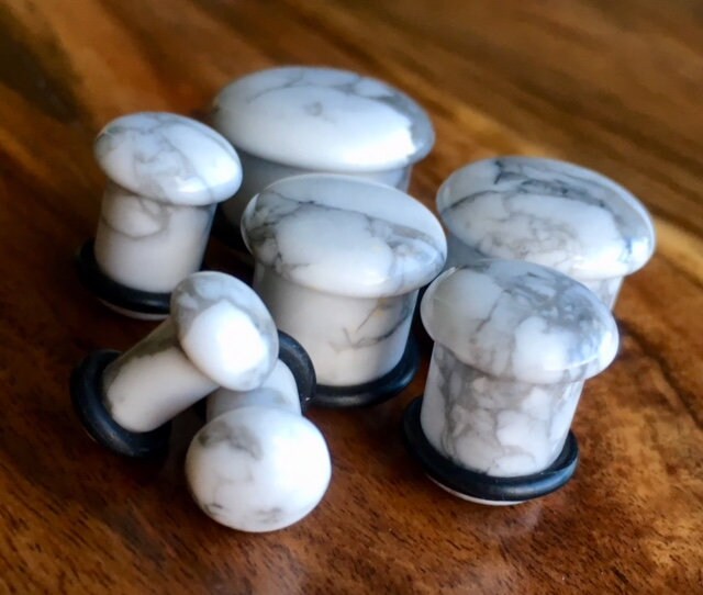 PAIR of Single Flare Natural Howlite Stone Plugs with O-Rings - Gauges 4g thru 5/8" (16mm) Body Jewelry