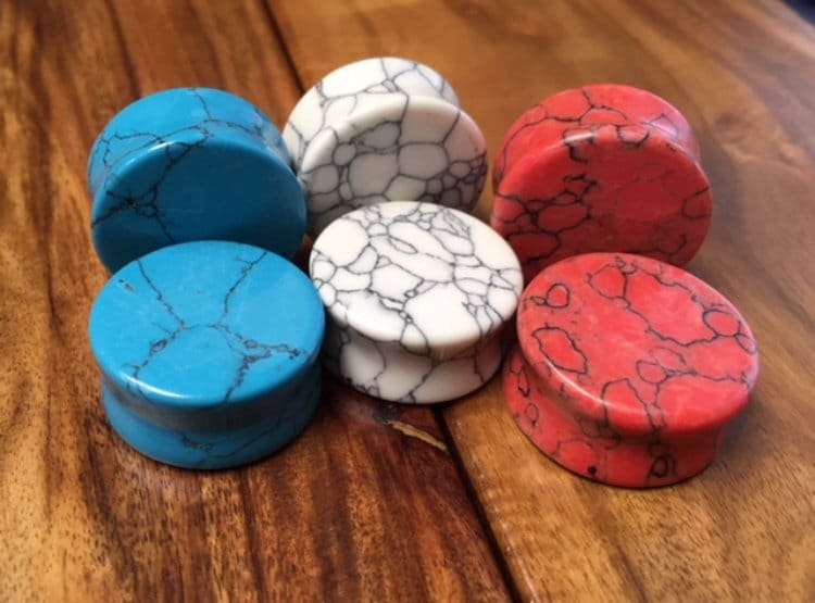 ALL 3 PAIR of Stunning Blue & Red Turquoise, White Howlite Stone Plugs - Double Flare - Gauges 8g thru 1"