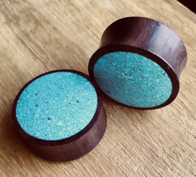 PAIR of Crushed Turquoise Inlaid Wood Saddle Plugs - Gauges 2g (6mm) up to 1" (25mm) available!