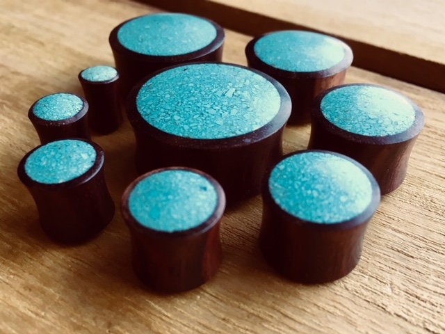 PAIR of Crushed Turquoise Inlaid Wood Saddle Plugs - Gauges 2g (6mm) up to 1" (25mm) available!