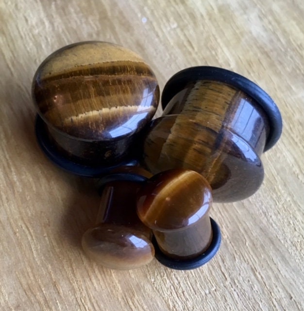 PAIR of Stunning Tiger Eye Single Flare Stone Plugs with O-Rings - Gauges 4g (5mm) up to 5/8" (16mm) available!