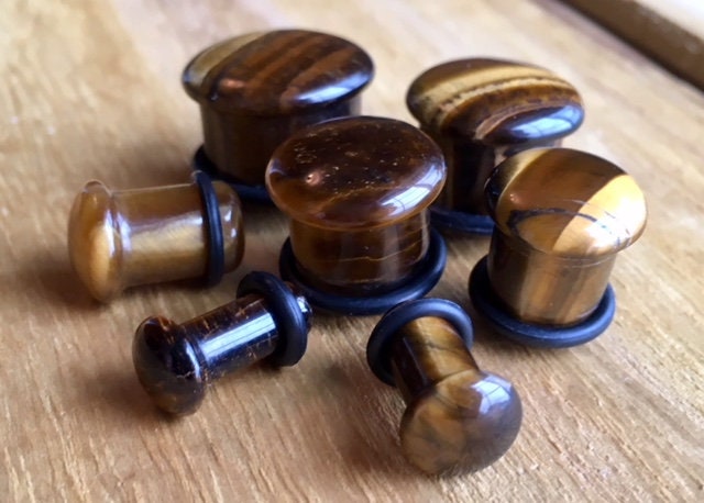 PAIR of Stunning Tiger Eye Single Flare Stone Plugs with O-Rings - Gauges 4g (5mm) up to 5/8" (16mm) available!