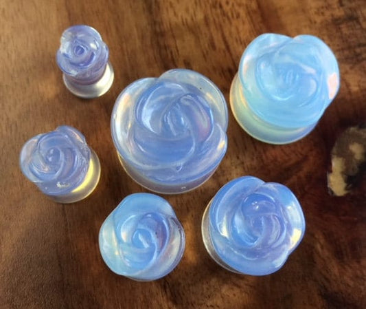 PAIR of Beautifully Carved Rose Flower Opalite Opalescent Stone Double Flare Plugs - Gauges 2g thru 5/8"