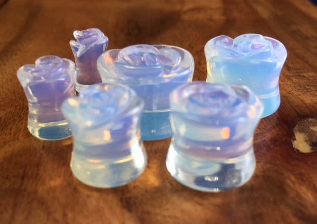 PAIR of Beautifully Carved Rose Flower Opalite Opalescent Stone Double Flare Plugs - Gauges 2g thru 5/8"