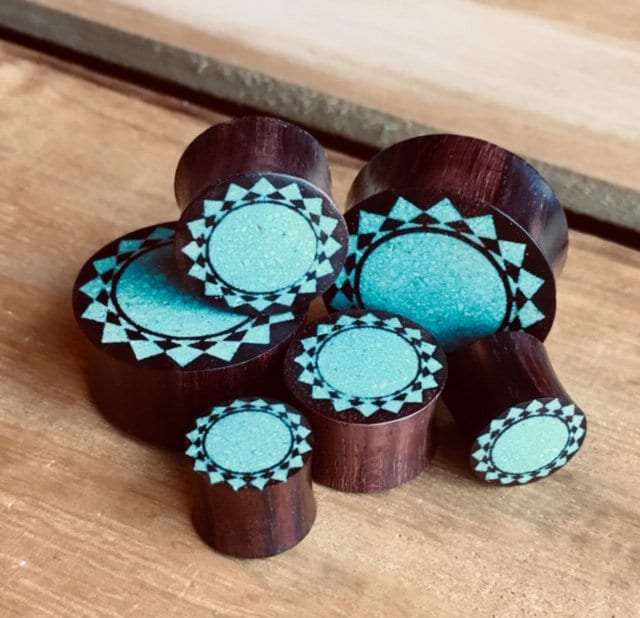 PAIR of Crushed Turquoise Tribal Sunburst Inlaid Sono Wood Saddle Plugs - Gauges 00g (10mm) through 1" (25mm) available