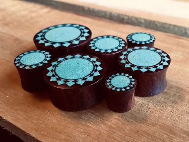 PAIR of Crushed Turquoise Tribal Sunburst Inlaid Sono Wood Saddle Plugs - Gauges 00g (10mm) through 1" (25mm) available