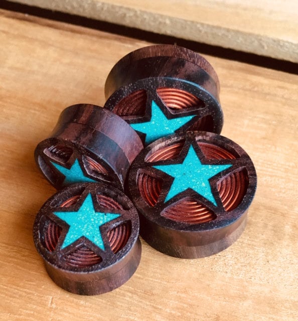 PAIR of Sono Wood Plugs with Crushed Turquoise Star & Copper Coil - Gauges 00g (10mm) through 1" (25mm) available!