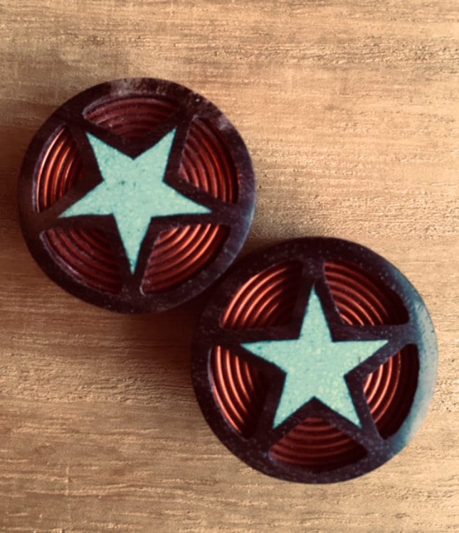 PAIR of Sono Wood Plugs with Crushed Turquoise Star & Copper Coil - Gauges 00g (10mm) through 1" (25mm) available!