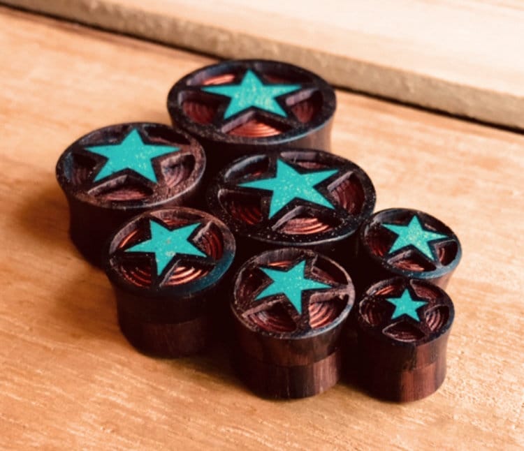 PAIR of Sono Wood Plugs with Crushed Turquoise Star & Copper Coil - Gauges 00g (10mm) through 1" (25mm) available!