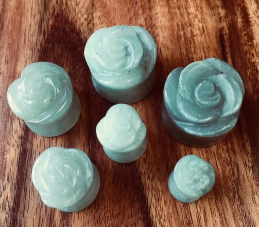 PAIR of Carved Green Aventurine Stone Rose Flower Double Flare Plugs 2g-5/8"