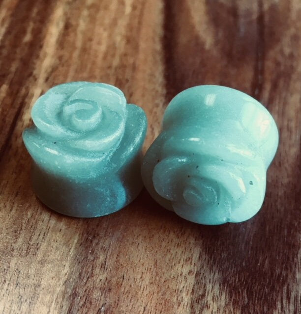 PAIR of Carved Green Aventurine Stone Rose Flower Double Flare Plugs 2g-5/8"