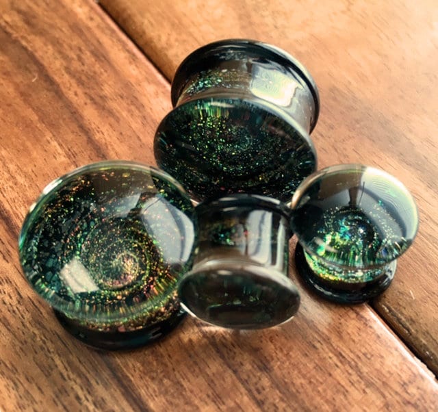 PAIR of Beautiful Sparkle Galaxy Pyrex Glass Double Flare Plugs - Gauges 0g (8mm) through 5/8" (16mm)