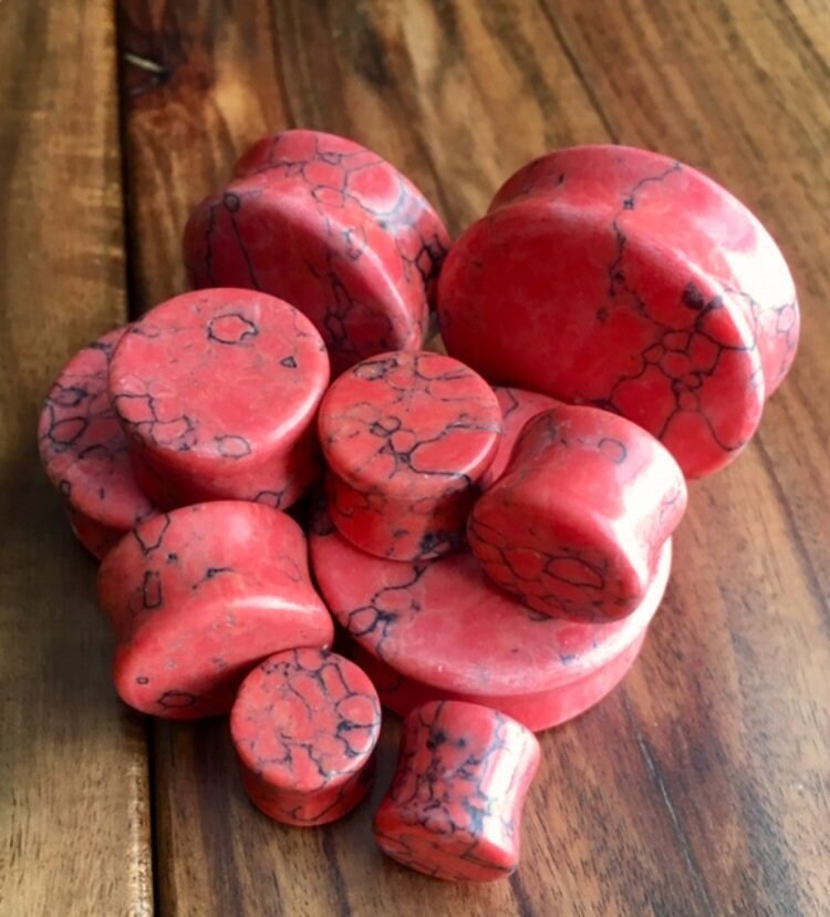 PAIR of Stunning Red Turquoise Stone Plugs Gauges Tunnels - Gauges 8g (3mm) thru 1" (25mm) Available!