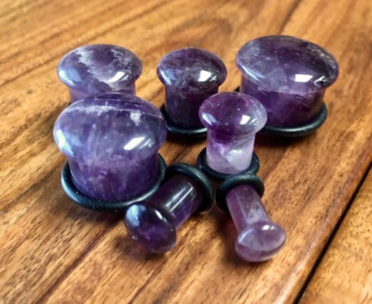 PAIR of Single Flare Organic Amethyst Stone Plugs - Gauges 4g (5mm) through 5/8" (16mm)