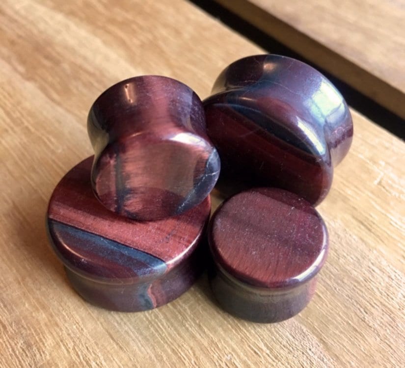 PAIR of Stunning Red Tiger Eye Organic Stone Plugs - Gauges 8g (3mm) up to 1" (25mm) available!