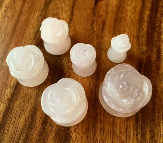 PAIR of Beautifully Carved Organic Rose Quartz Stone Flower Double Flare Plugs - Gauges 2g thru 5/8"