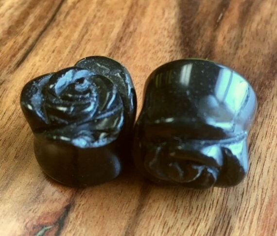 PAIR of Carved Organic Black Agate Stone Rose Flower Double Flare Plugs - Gauge 2g (6mm) thru 5/8" (16mm)!