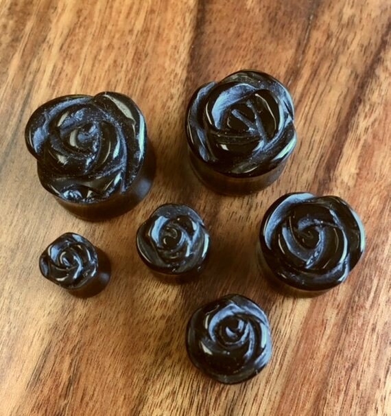 PAIR of Carved Organic Black Agate Stone Rose Flower Double Flare Plugs - Gauge 2g (6mm) thru 5/8" (16mm)!