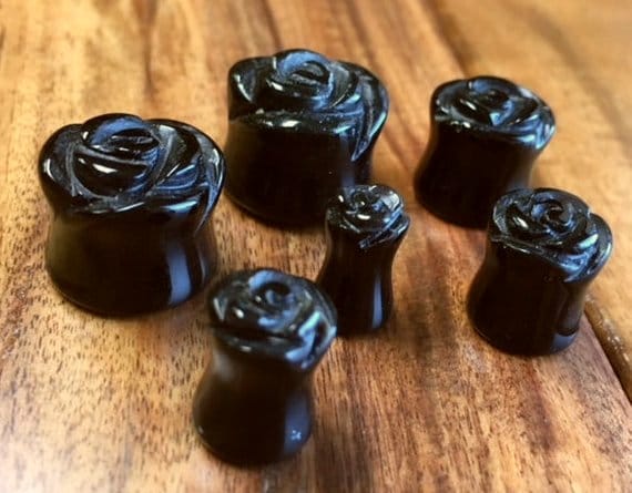 PAIR of Carved Organic Black Agate Stone Rose Flower Double Flare Plugs - Gauge 2g (6mm) thru 5/8" (16mm)!