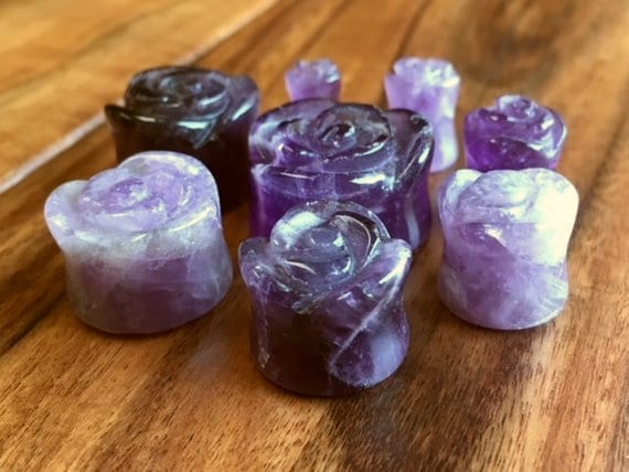 PAIR of Carved Organic Amethyst Stone Flower Double Flare Plugs - Gauges 2g thru 13/16"!