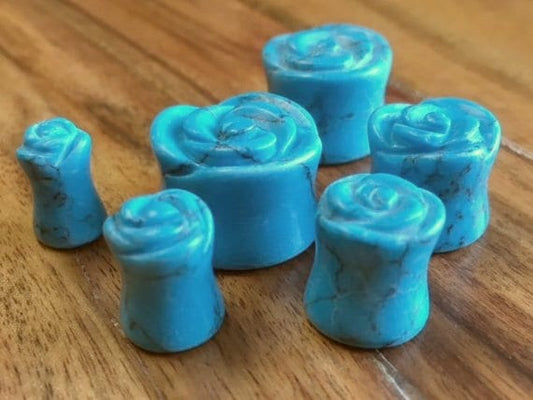 PAIR of Beautifully Carved Rose Flower Organic Blue Turquoise Stone Double Flare Plugs - Gauges 2g (6mm) thru 5/8" (16mm)!
