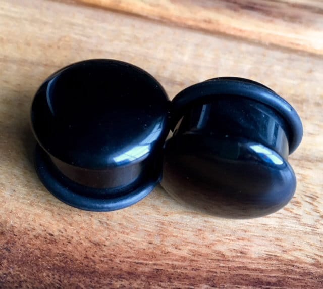 PAIR of Single Flare Organic Black Onyx Stone Plugs with O-Rings - Gauges 4g thru 5/8" (16mm) Earlets
