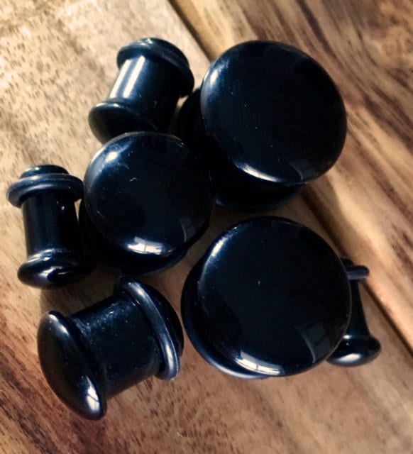 PAIR of Single Flare Organic Black Onyx Stone Plugs with O-Rings - Gauges 4g thru 5/8" (16mm) Earlets