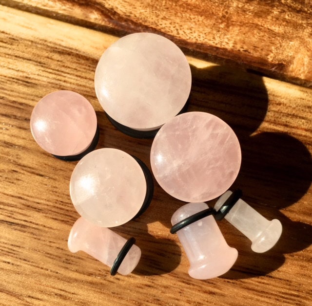 PAIR Single Flare Organic Rose Quartz Stone Plugs - Gauges 4g thru 5/8" (16mm) Earlets Body Jewelry