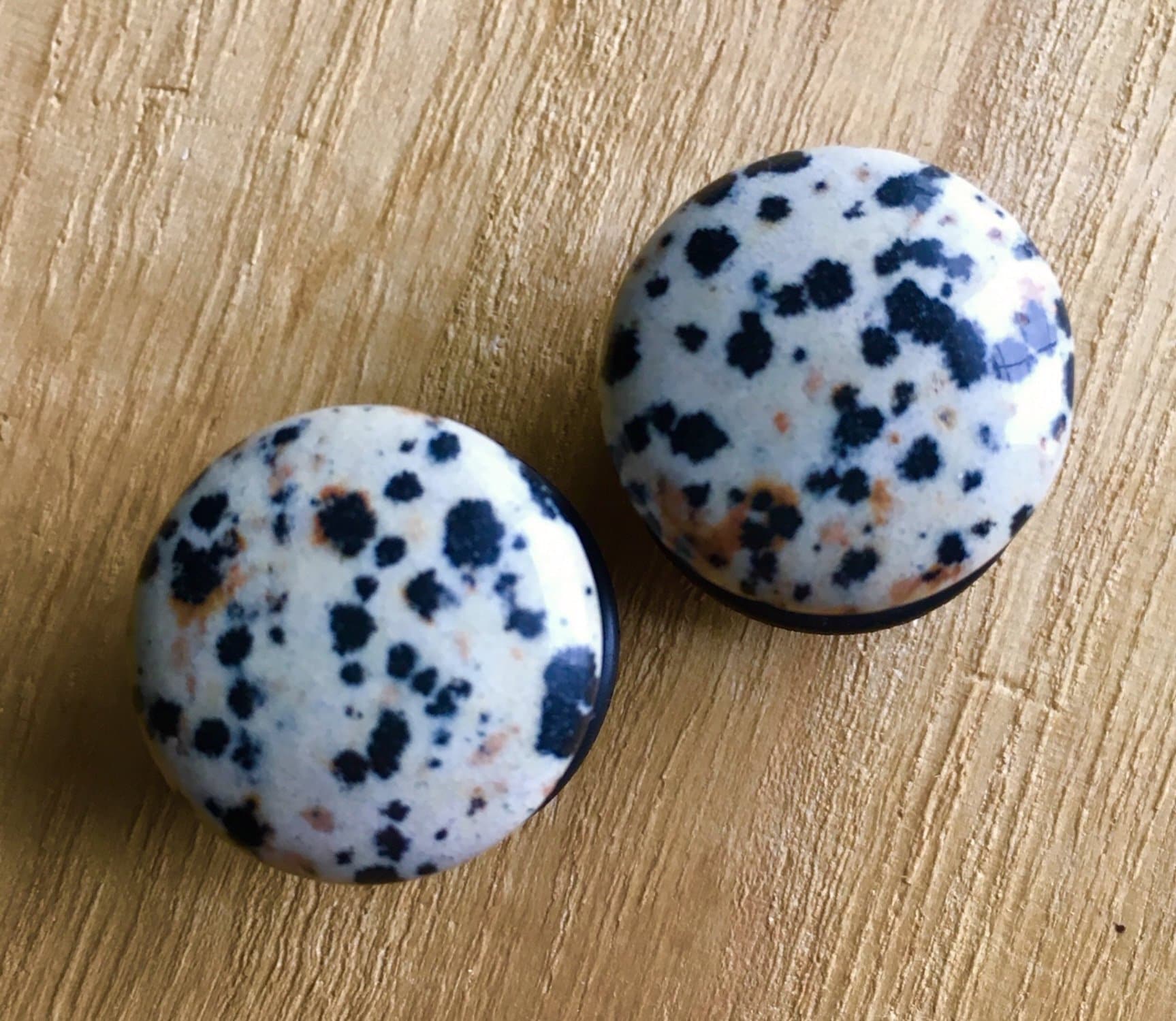 PAIR of Organic Single Flare Dalmatian Jasper Stone Plugs with O-Rings - Gauges 4g (5mm) up to 5/8" (16mm) available!