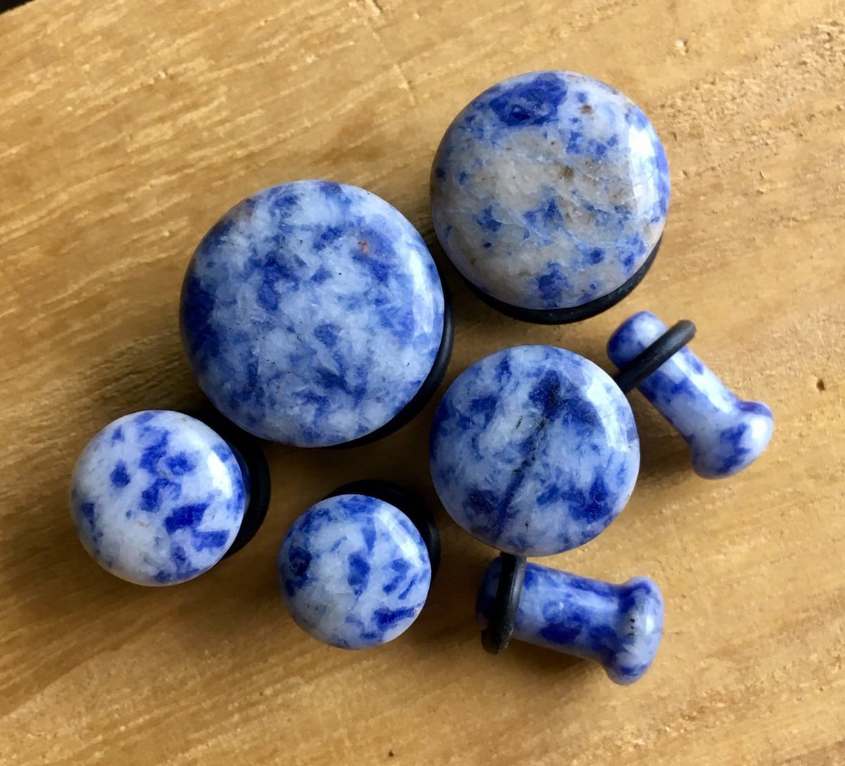 PAIR of Organic Blue Spot Jasper Single Flare Stone Plugs with O-Rings - Gauges 4g (5mm) up to 5/8" (16mm) Available!