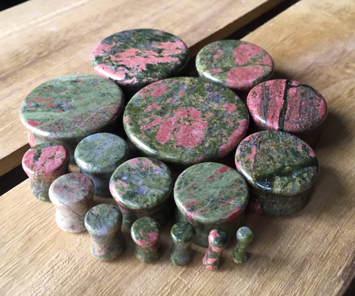 PAIR of Unakite Organic Stone Plugs - Gauges 8g (3mm) up to 1" (38mm) available!