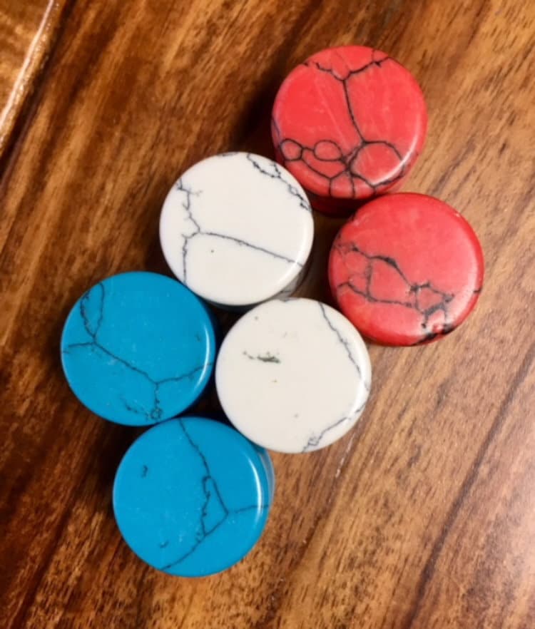 ALL 3 PAIR of Stunning Blue & Red Turquoise, White Howlite Stone Plugs - Double Flare - Gauges 8g thru 1"