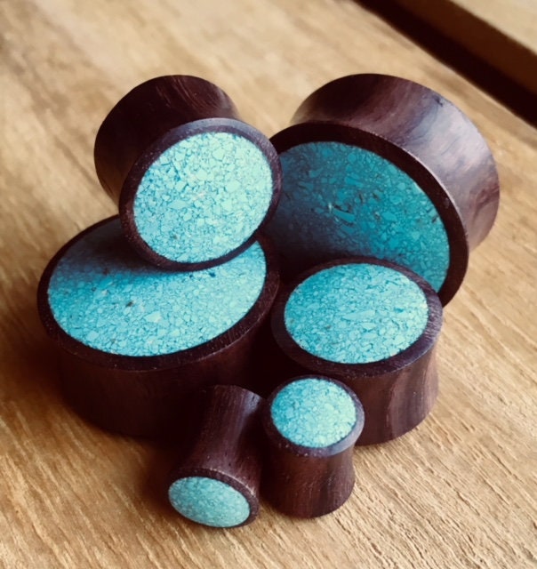 PAIR of Crushed Turquoise Inlaid Wood Saddle Plugs - Gauges 2g (6mm) up to 1" (25mm) available!