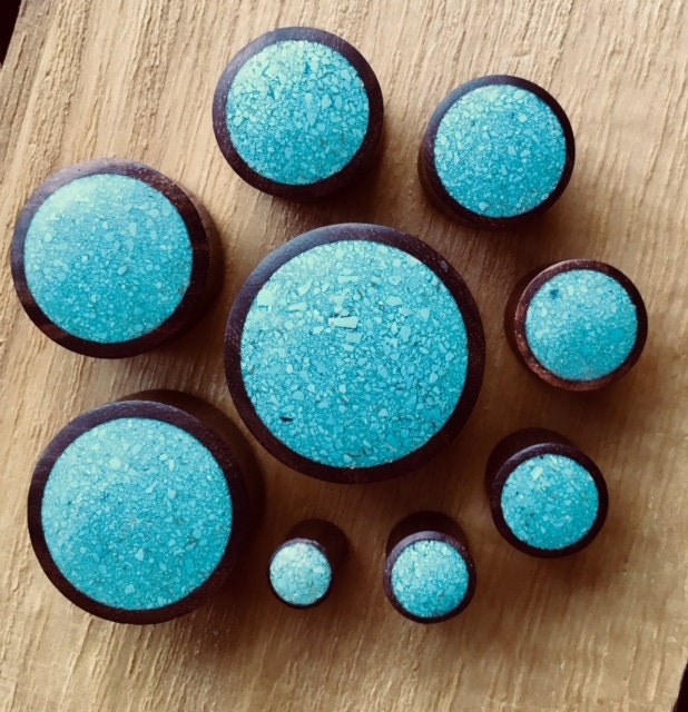 PAIR of Crushed Turquoise Inlaid Wood Saddle Plugs - Gauges 2g (6mm) up to 1" (25mm) available!