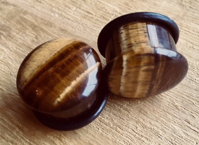 PAIR of Stunning Tiger Eye Single Flare Stone Plugs with O-Rings - Gauges 4g (5mm) up to 5/8" (16mm) available!