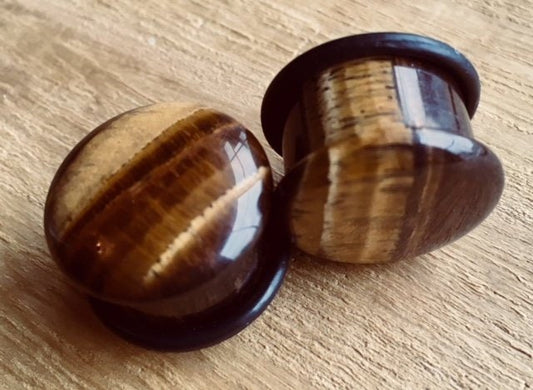 PAIR of Stunning Tiger Eye Single Flare Stone Plugs with O-Rings - Gauges 4g (5mm) up to 5/8" (16mm) available!